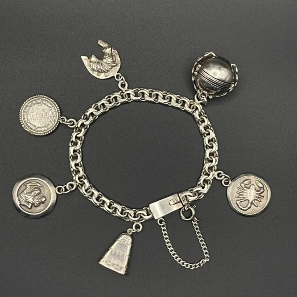 Vintage Sterling Silver Charm Bracelet with Sphere Fold-Out Photo Locket Mexican